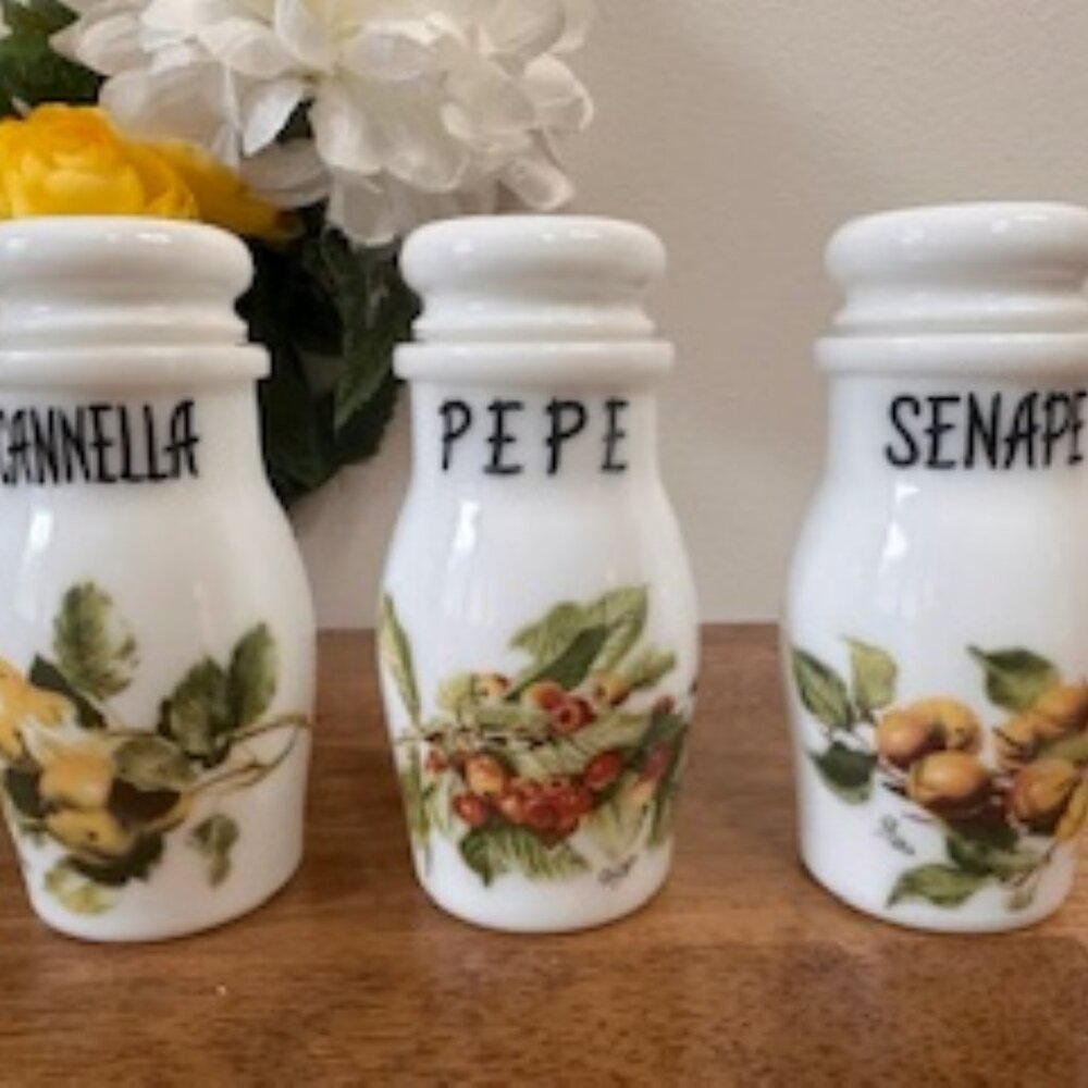 Vintage Italian Milk Glass Spice Jars Cannella‎ Pepe Senape Fruit Opalex Style